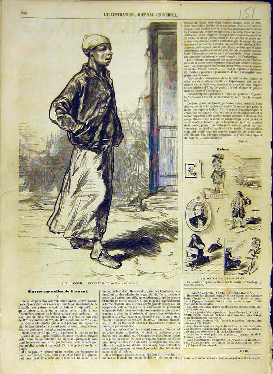 Original Old Antique Print 1858 Crinolene Baker Boulanger People French 19th