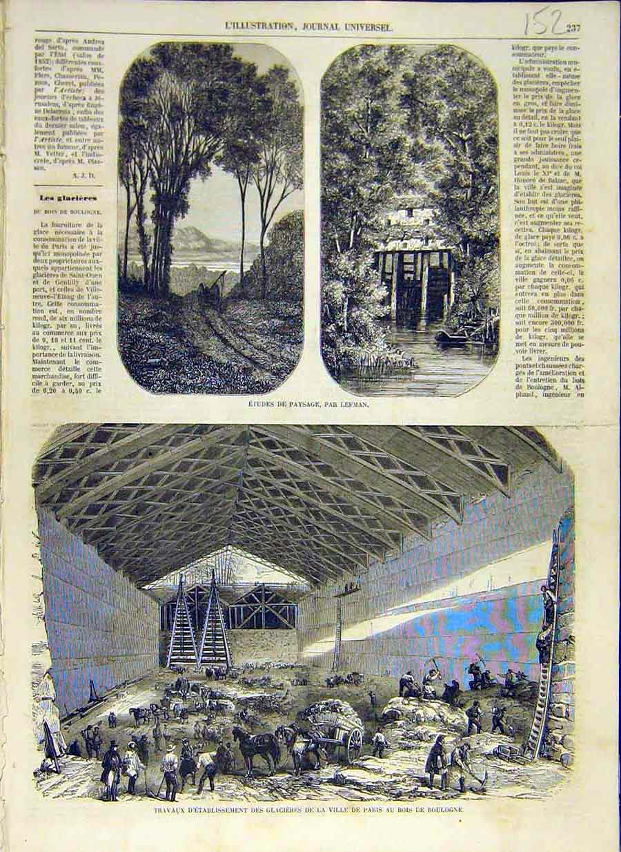 Old Antique Print 1858 Lefman Fine Art Glacier Paris Boulogne French Page 19th