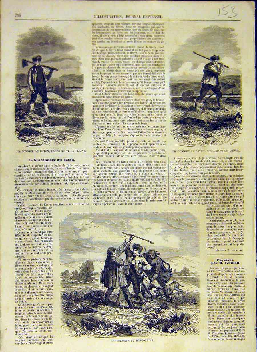 Original Old Antique Print 1858 Poacher Braconnier Rabbit Dogs Arrest French