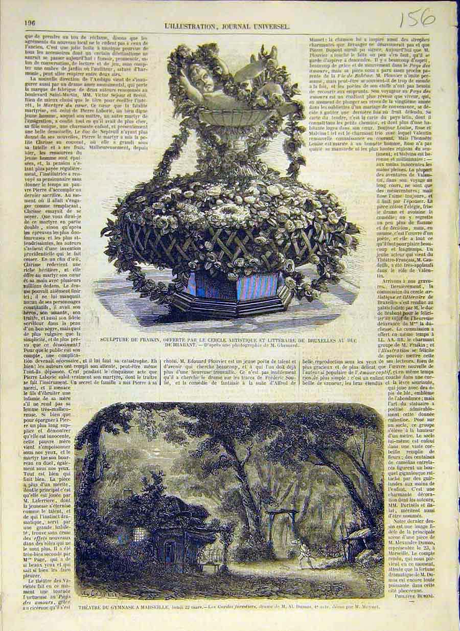 Original Old Antique Print 1858 Sculpture Fraikin Brabant Theatre Marseille 19th