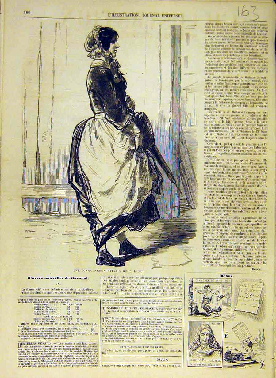 Original Old Antique Print 1858 Pretty-Lady Gavarni People Paris French 19th
