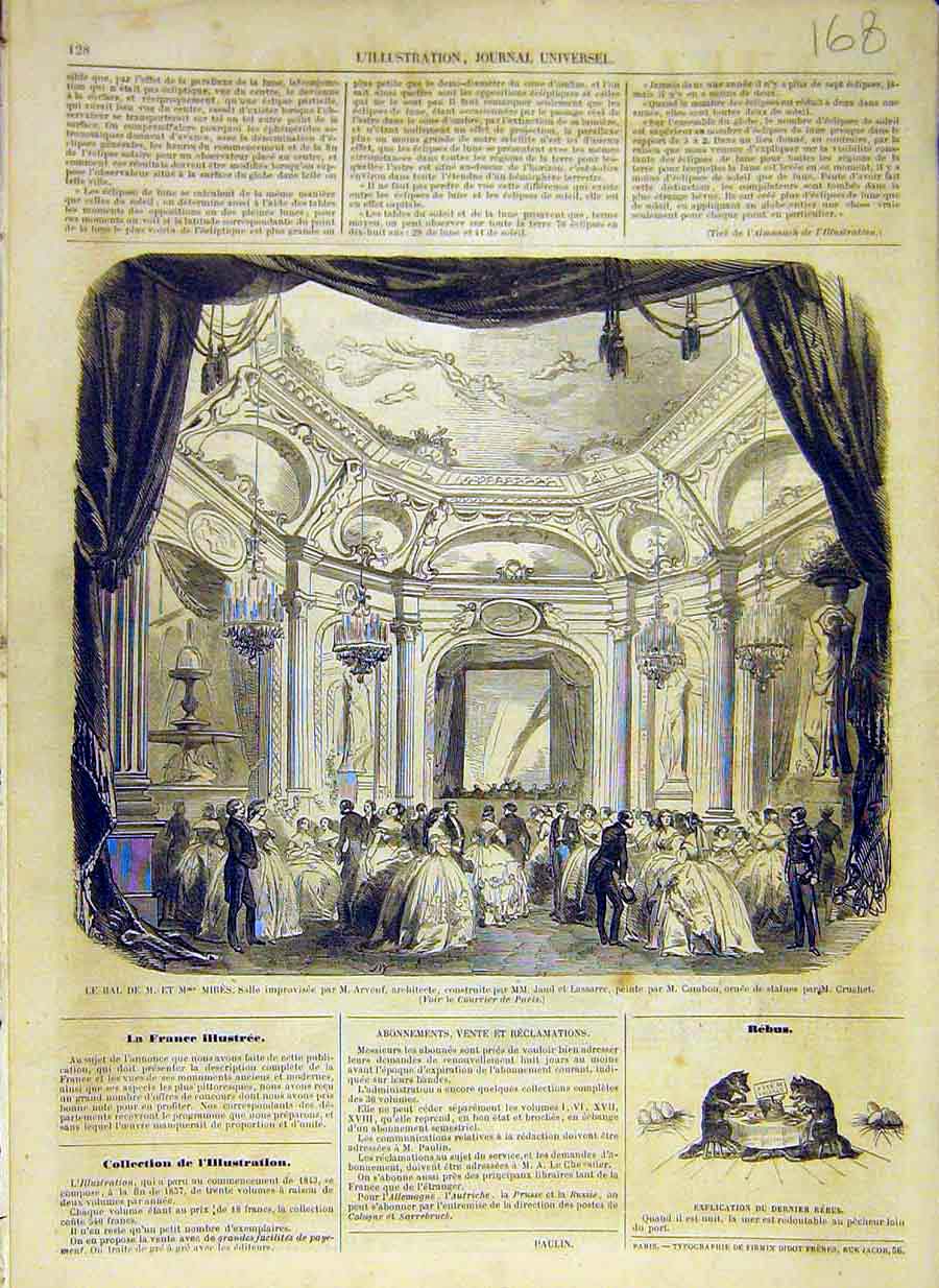 Original Old Antique Print 1858 Ball Mires Arveuf Architect Building French 19th