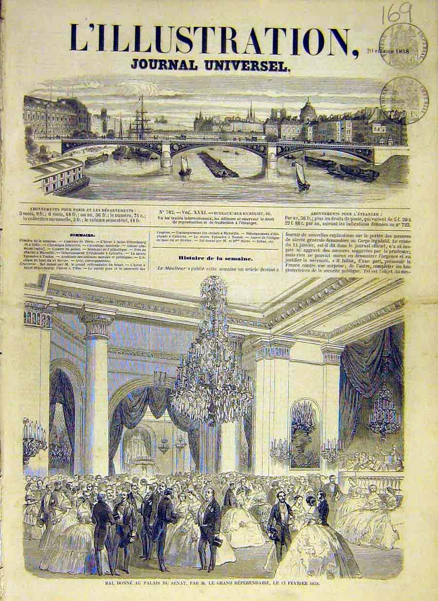 Original Old Antique Print 1858 Ball Senate Palace Referendum French Victorian