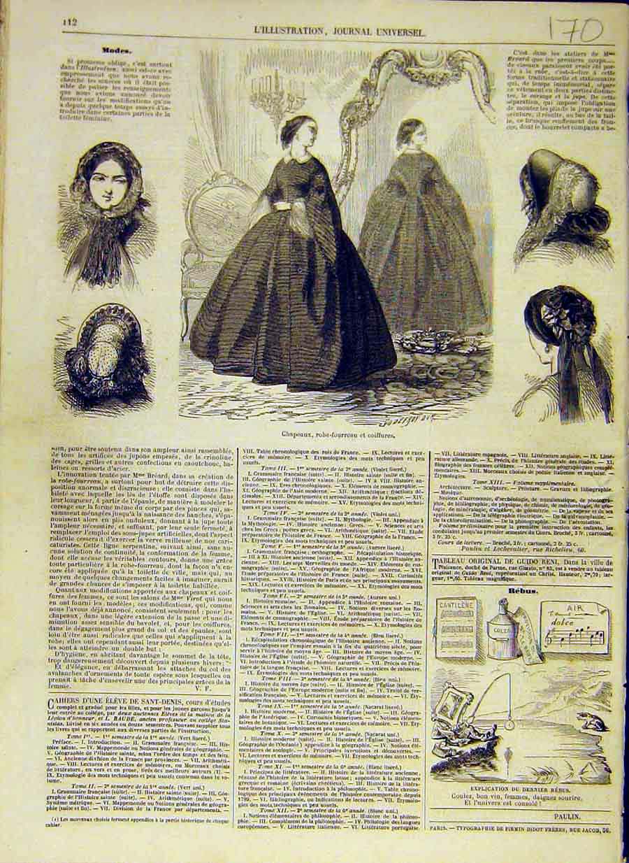 Original Old Antique Print 1858 Hats Chapeaux Fashion Paris Ladies French 19th
