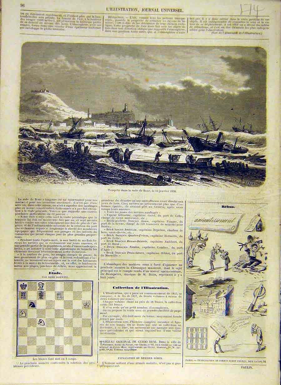 Original Old Antique Print 1858 Storm Bone Ships Sea Wreck Beach French 19th