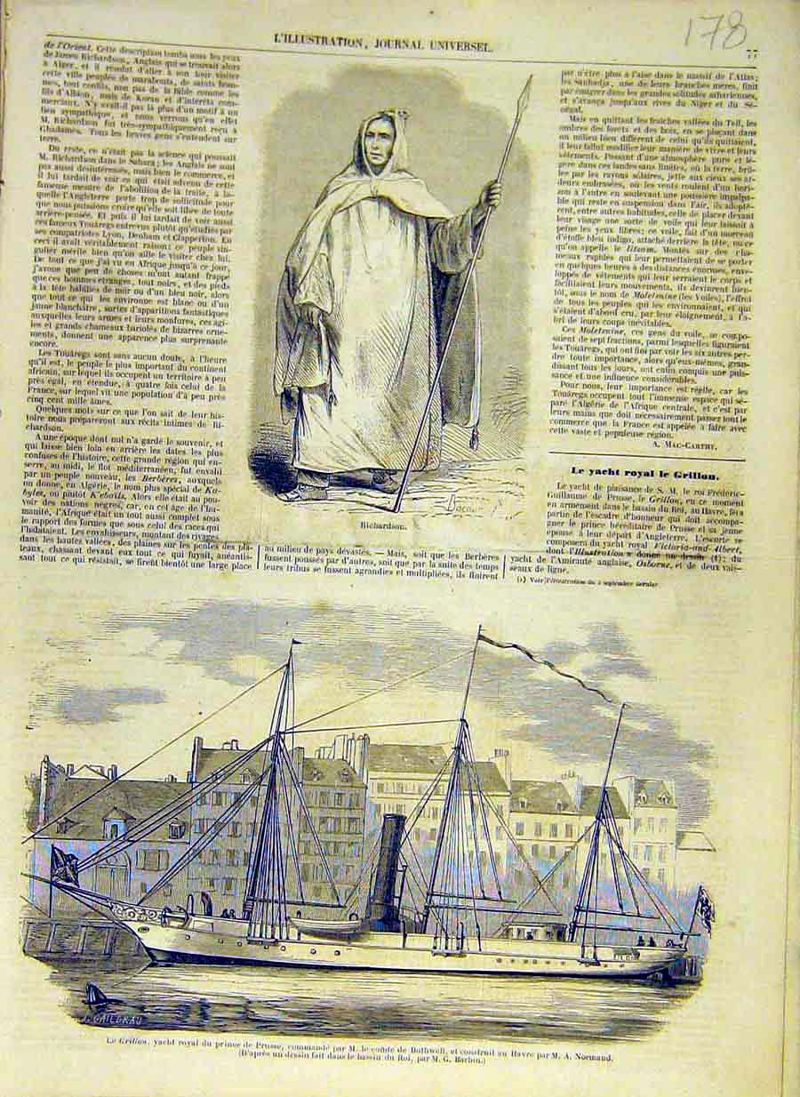 Old Antique Print 1858 Richardson Royal Yacht Grillon Prince Prussia Page 19th