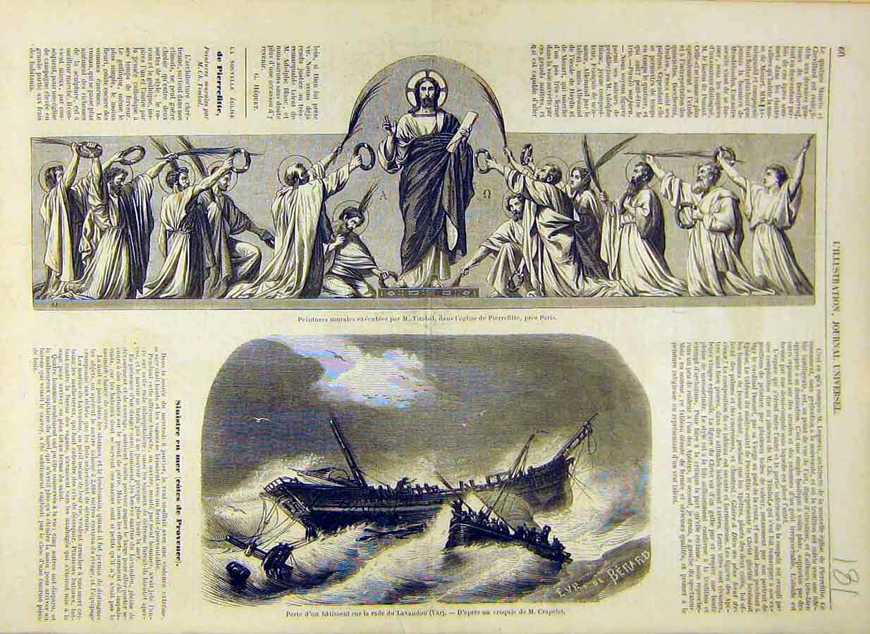 Original Old Antique Print 1858 Lavandou Ship-Wreck Mural Timbal Paris French