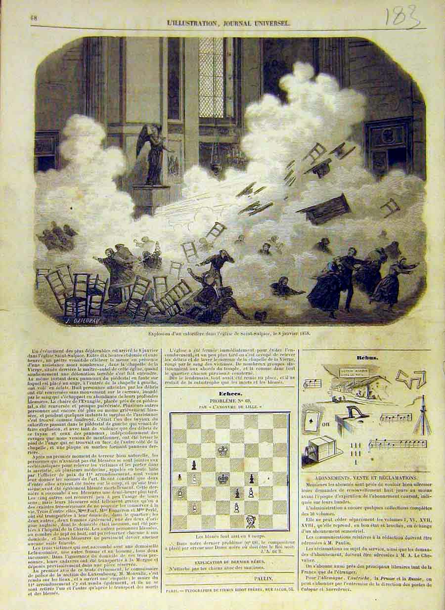 Original Old Antique Print 1858 Explosion Saint-Sulpice Church French Victorian