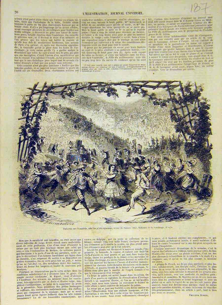 Original Old Antique Print 1858 Variety Theatre Scene Sketch French Victorian