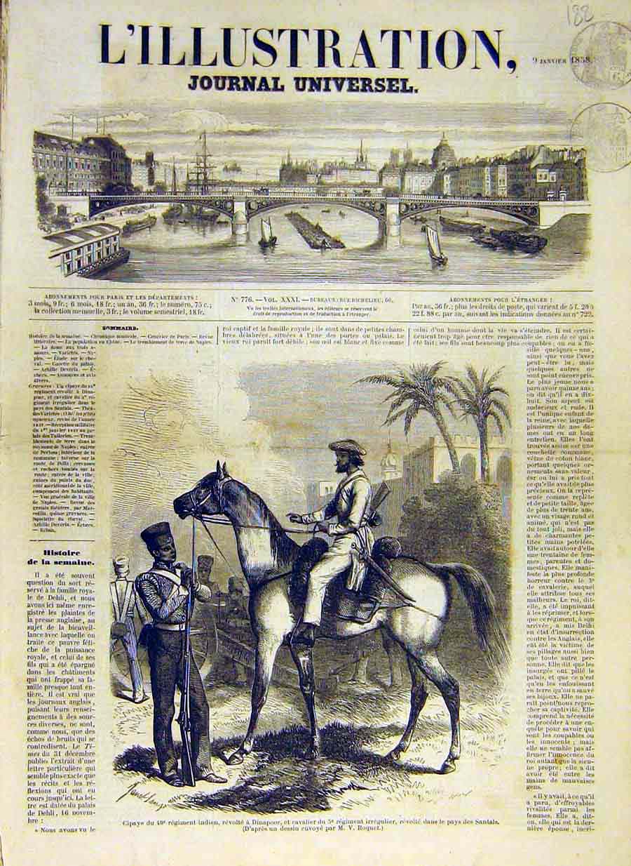 Original Old Antique Print 1858 Cipaye Dinapoor Indian Regiment Military Santals