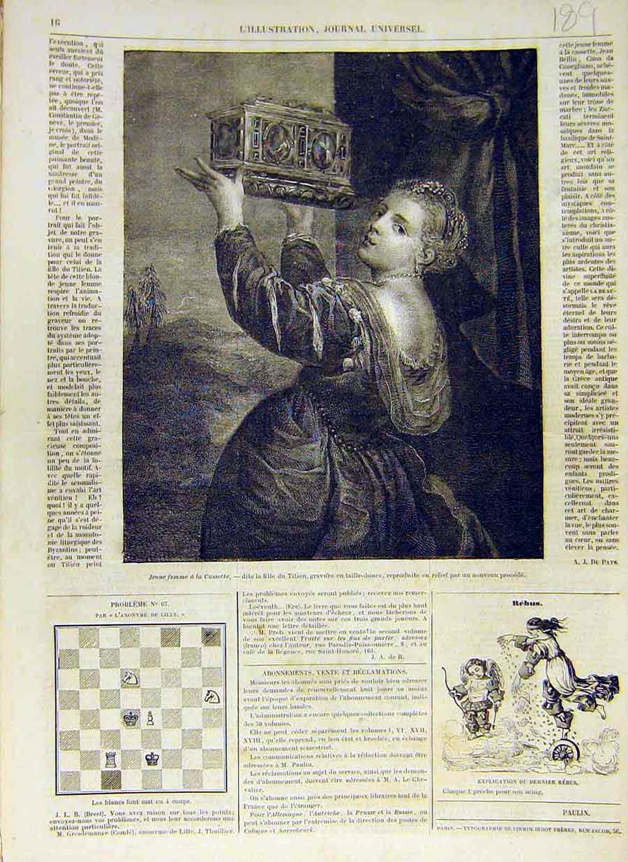 Original Old Antique Print 1858 Young Woman Casket Titien Fine Art French 19th