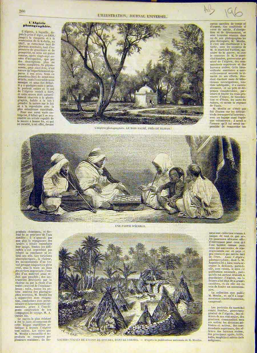 Original Old Antique Print 1858 Algeria Blidah Chess Sahara Tomb Tipaza 19th