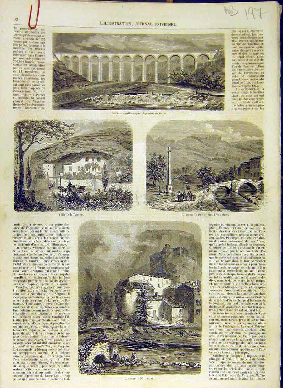 Original Old Antique Print 1858 Aqueduct Vaucluse Baume Tomb Verau Galas 19th