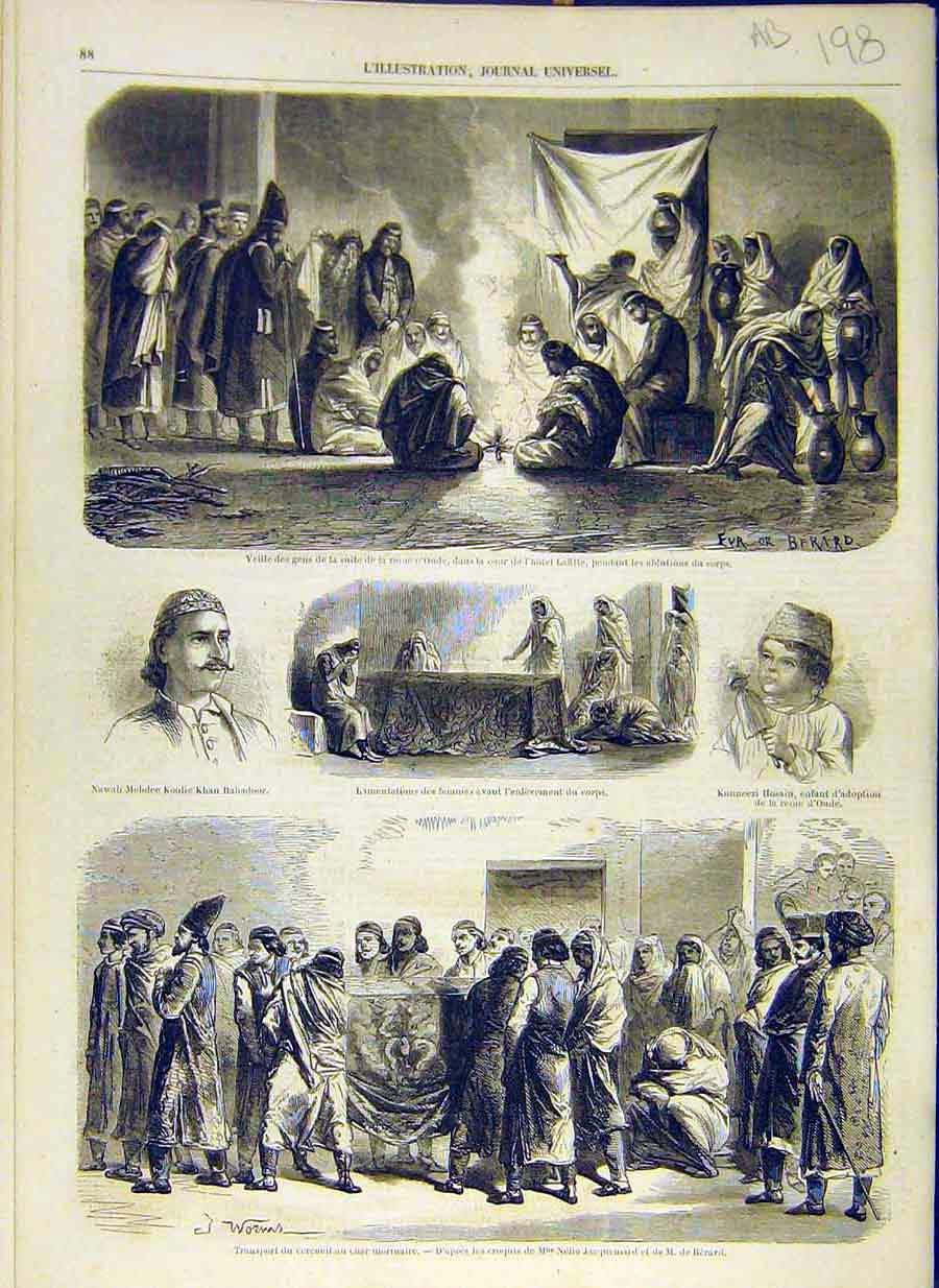 Original Old Antique Print 1858 Tehid Oude Funeral Hindu Priest French 19th