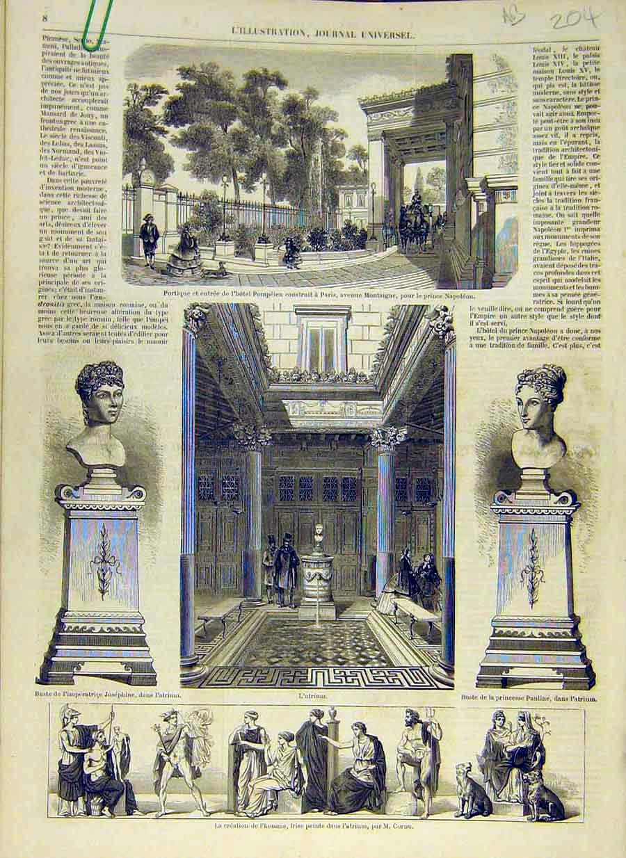 Old Antique Print 1858 Napoleon Hotel Pompeien Paris Fresco Statue Bath 19th