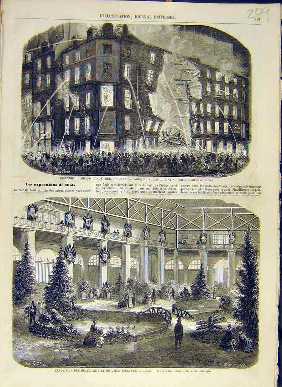 Original Old Antique Print 1858 Fire Seine Paris Blois Horticulture Fine Art