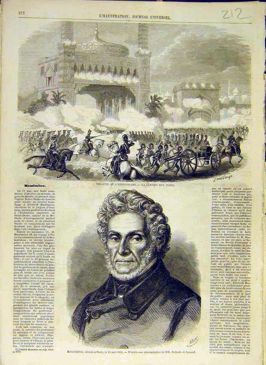 Original Old Antique Print 1858 Hippodrome Theatre India War Massimino Victorian