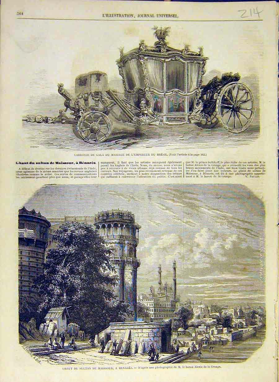 Original Old Antique Print 1858 Carriage Emperor Brazil Benares Sultan Maissour