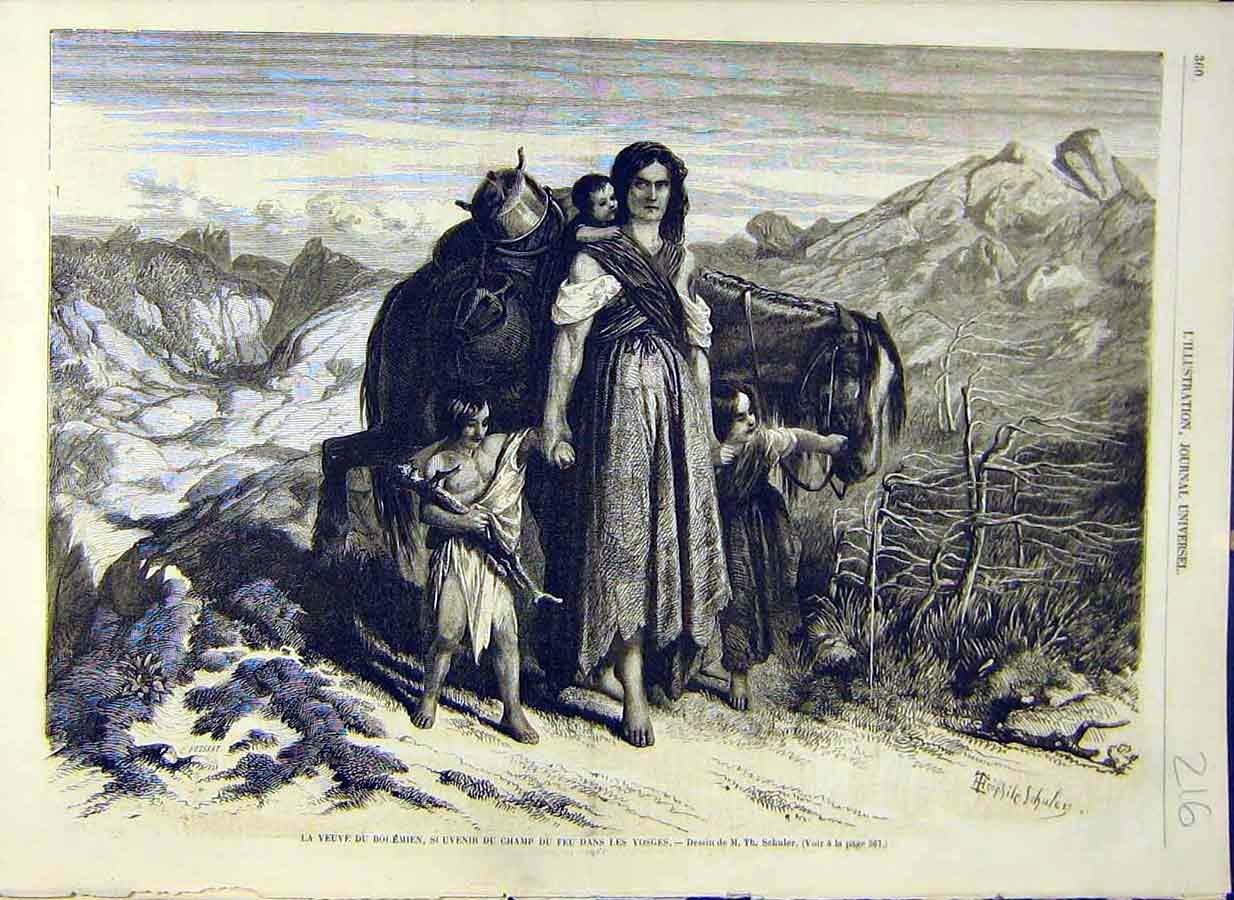 Original Old Antique Print 1858 Bohemian People Vosges Life Road French 19th
