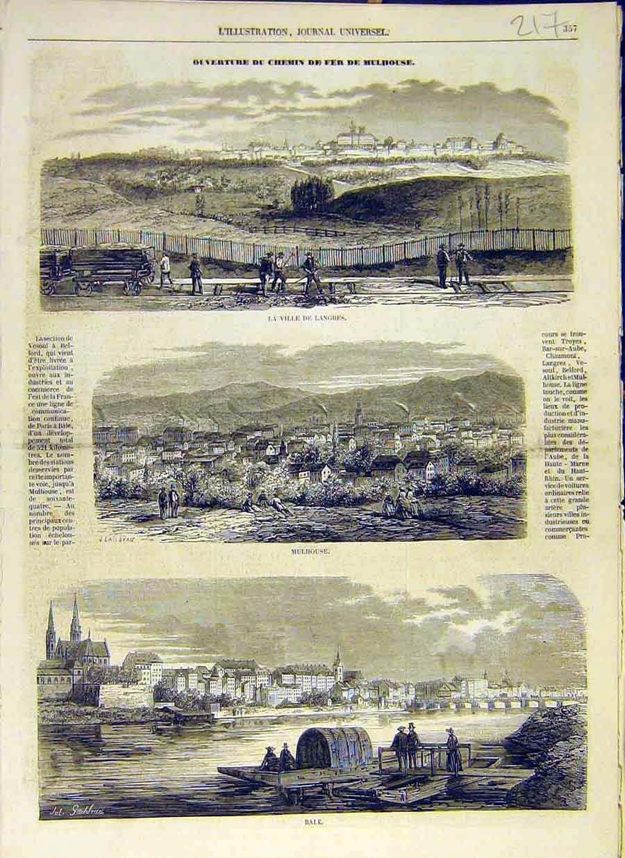Original Old Antique Print 1858 Railway Mulhouse Langres Bale French Victorian
