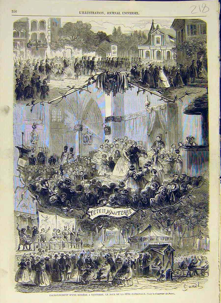 Original Old Antique Print 1858 Nanterre Fete Rosary Coronation French Victorian