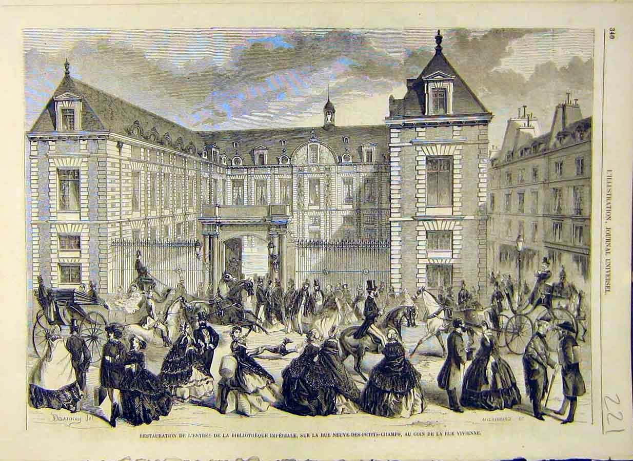 Original Old Antique Print 1858 Imperial Library Vivienne Building French 19th