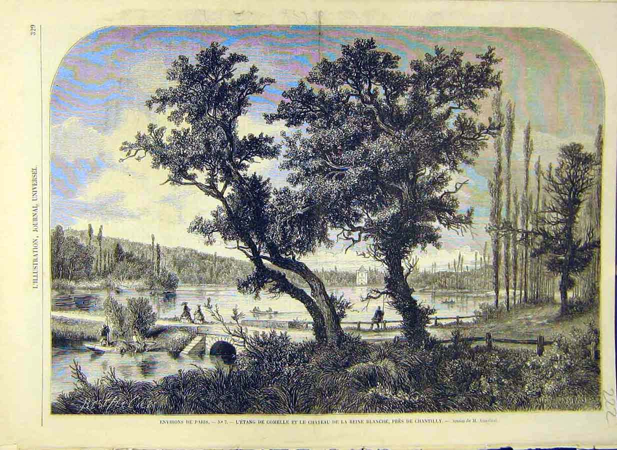 Original Old Antique Print 1858 Paris Country Chantilly France French Victorian