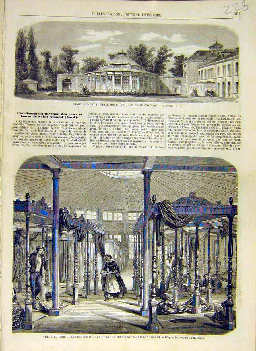 Original Old Antique Print 1858 Saint-Amand Hot-Water Baths Rotunda French 19th