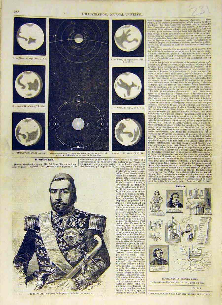 Original Old Antique Print 1858 Mars Planets Riza-Pacha Ottoman French Victorian