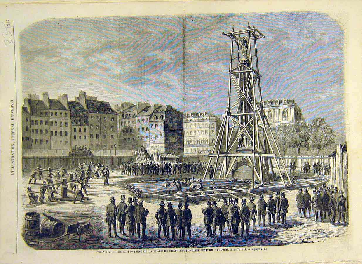 Original Old Antique Print 1858 Fountain Palmier Statue Chatelet French 19th