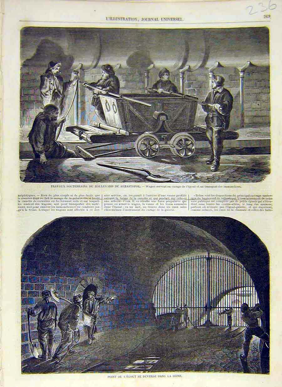 Original Old Antique Print 1858 Sebastopol Underground Tunnel Seine French 19th