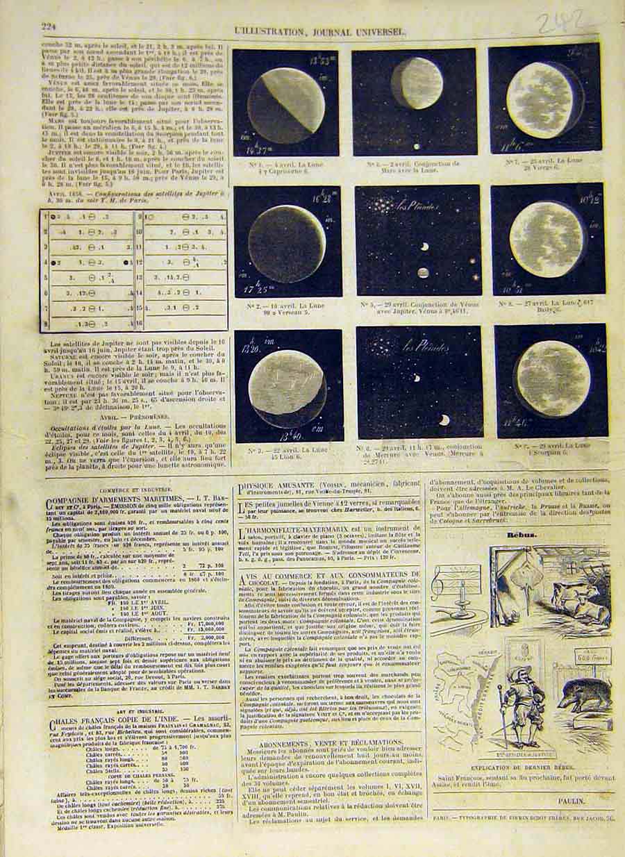 Original Old Antique Print 1858 Moon Mars Earth Planets Solars System Victorian