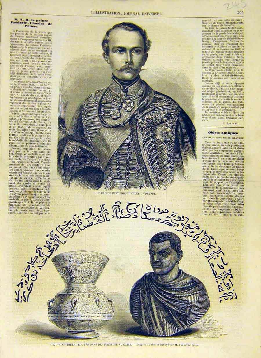 Original Old Antique Print 1858 Prince Frederic-Charles Prussia Cairo Treasures