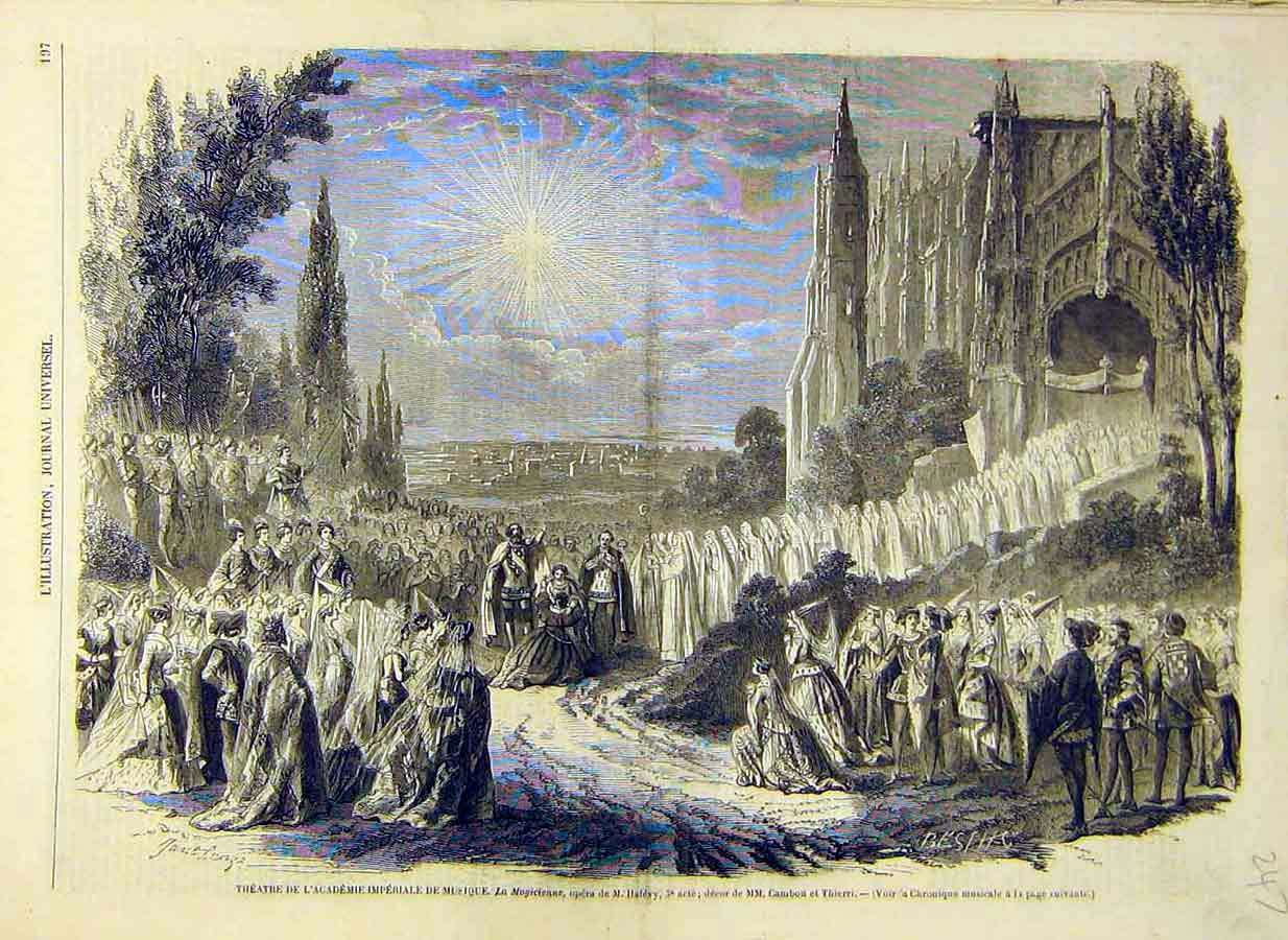 Original Old Antique Print 1858 Imperial Music Academy Scene Magicienne 19th