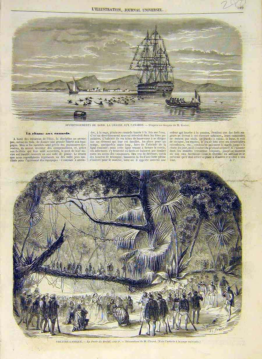 Original Old Antique Print 1858 Duck Chase Ship Theatre Scene Pearl Brazil 19th