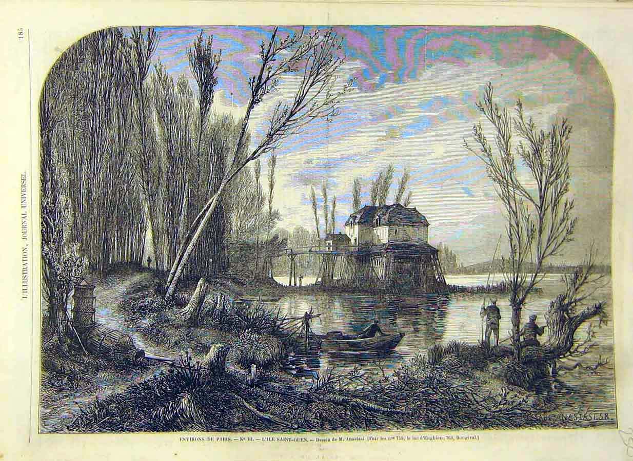 Original Old Antique Print 1858 Paris Saint-Ouen Country-Side French France 19th