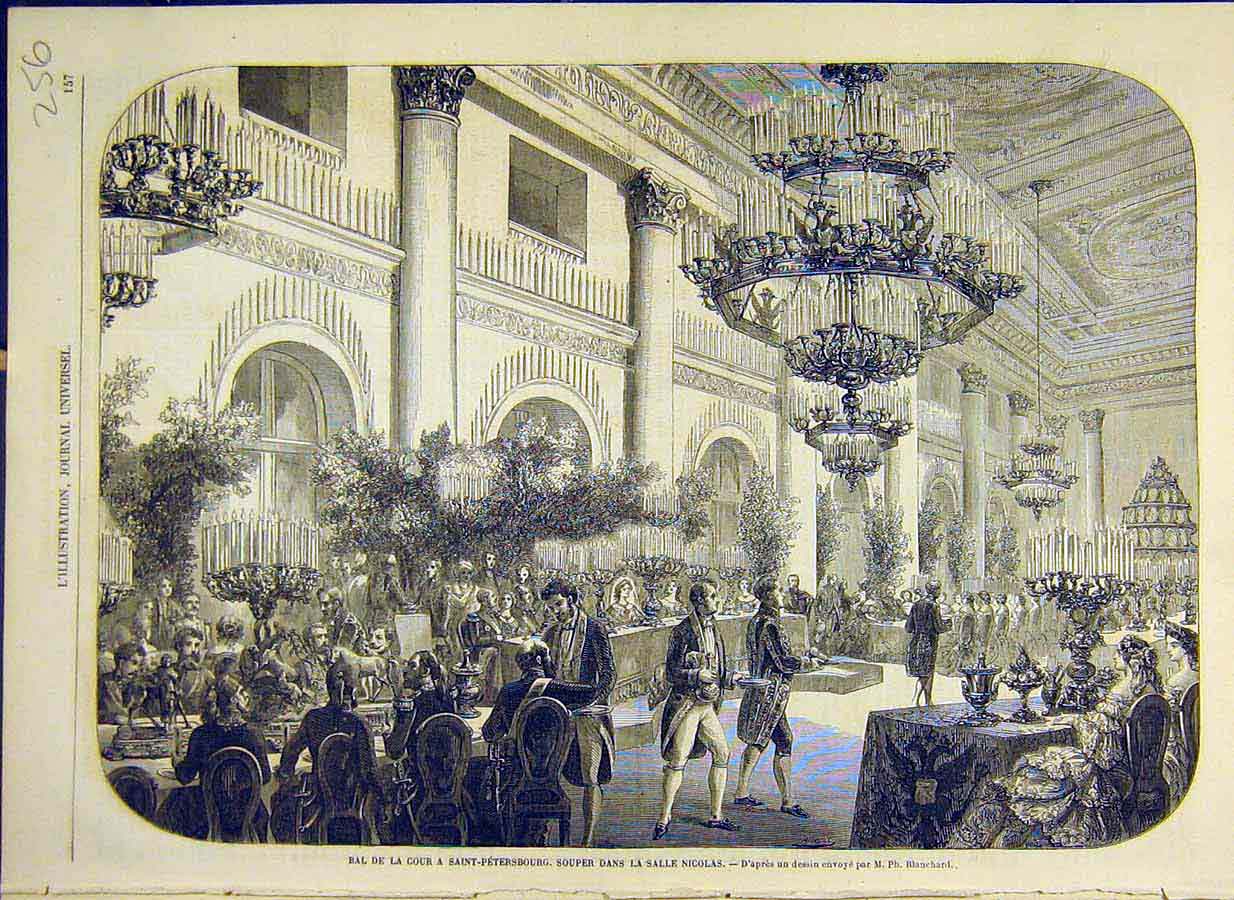 Original Old Antique Print 1858 Ball Saint-Petersburg Dinner French Victorian