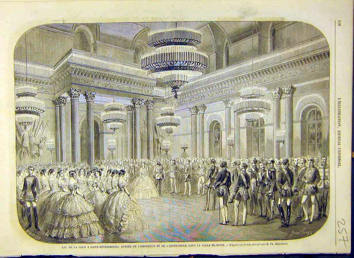 Original Old Antique Print 1858 Saint-Petersburg Ball Emperor Empress French