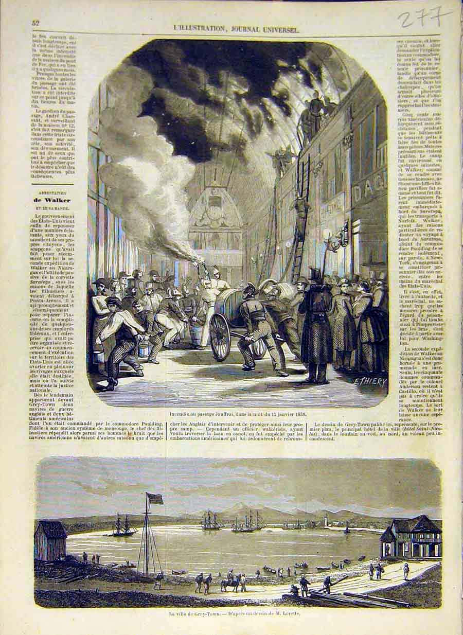 Original Old Antique Print 1858 Jouffroi Fire Grey-Town Village French Victorian