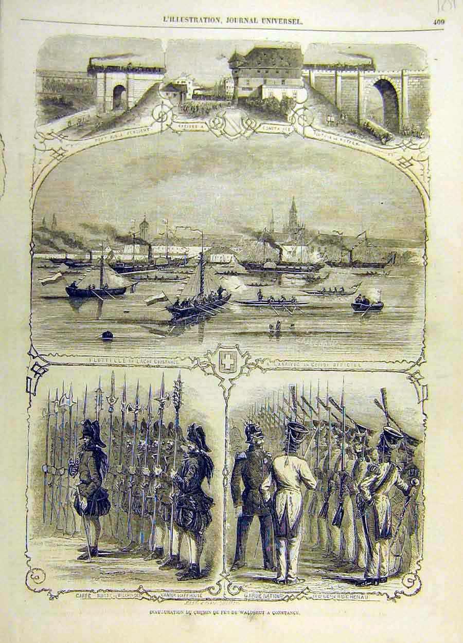 Old Old Antique Print Chemin-De-Fer Waldshut Constance Military Fleet 01LIL0
