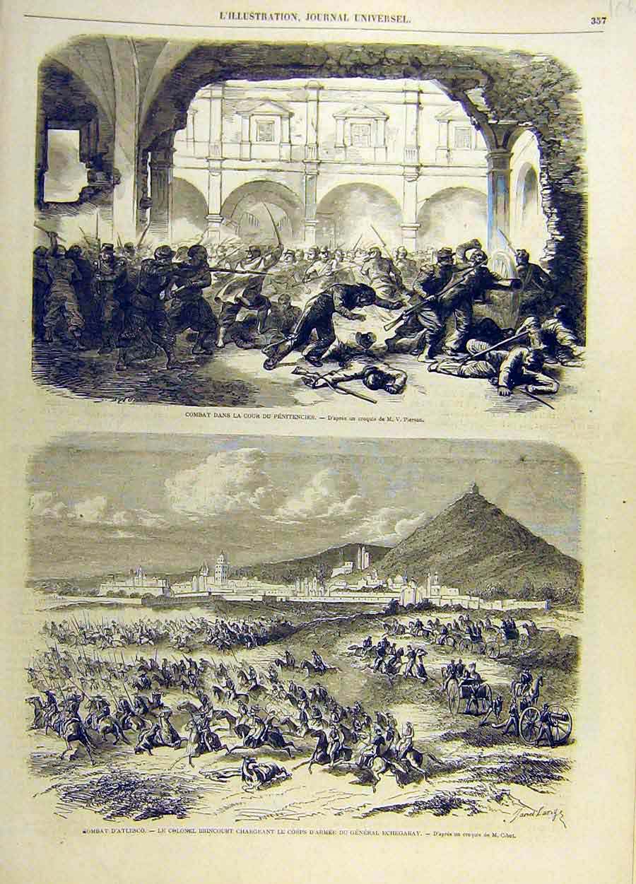 Original Old Antique Print Combat Battle Penitencier Atlesco Siers French
