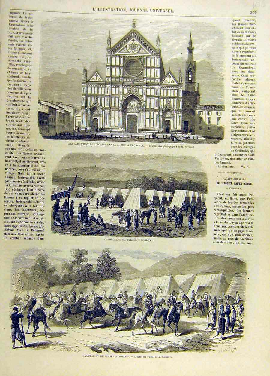 Original Old Antique Print Florence Church Building Toulon Spahis French