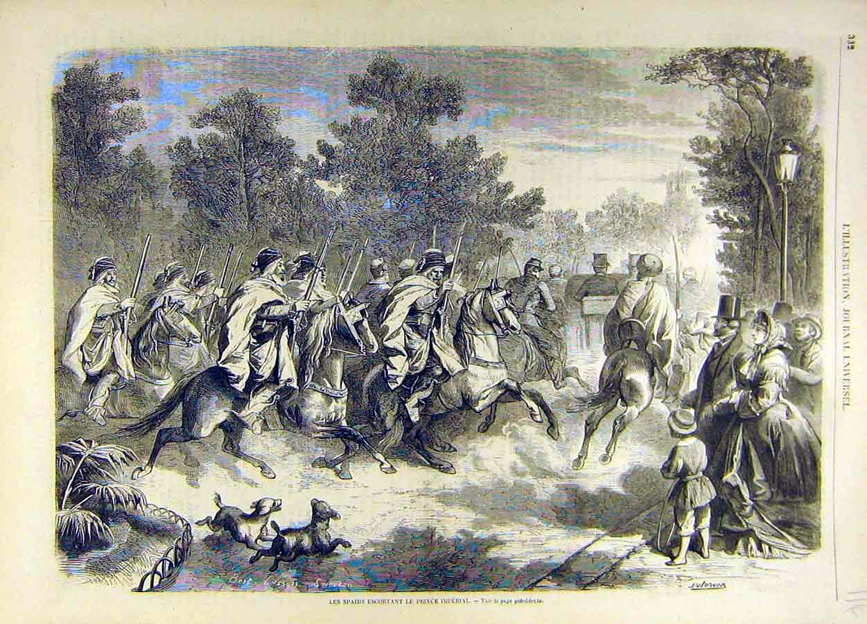Original Old Antique Print Spahis Prince Imperial Escort French