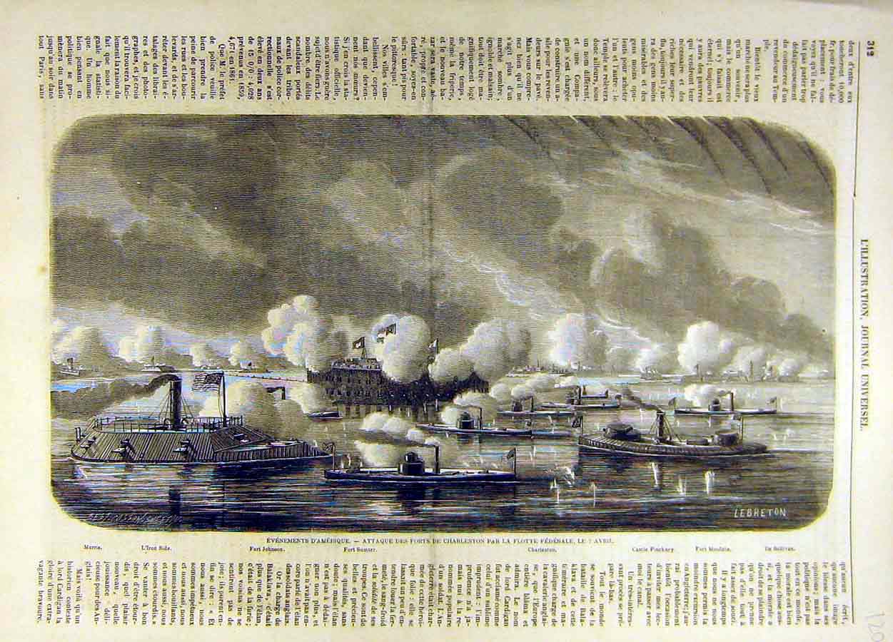 Original Old Antique Print Charleston Federal Fleet America United-States