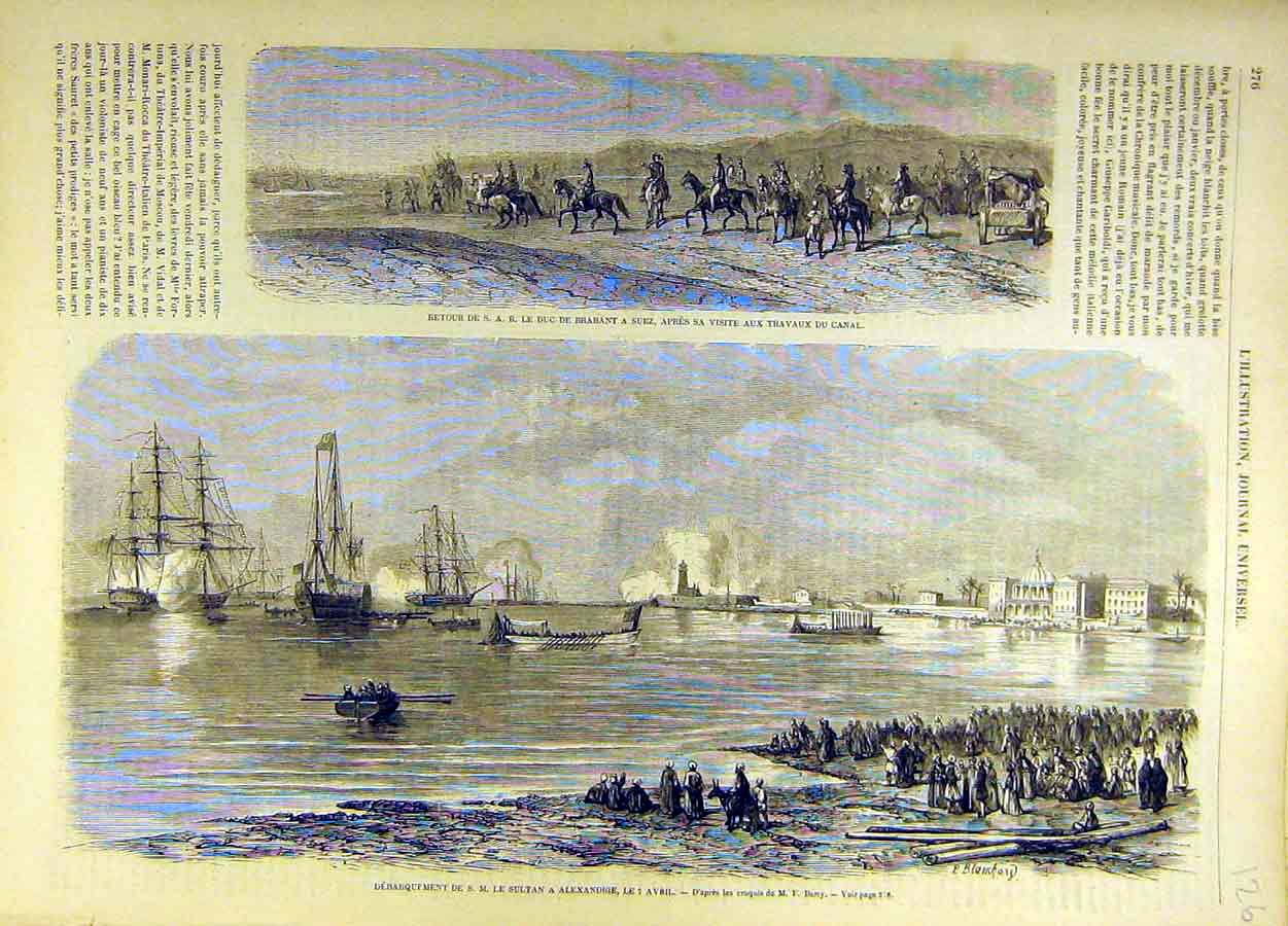 Original Old Antique Print Brabant Suez Canal Egypt Sultan Alexandra French