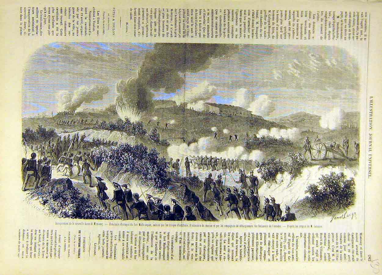 Original Old Antique Print Missiessy War Battle Military Malbousquet Artillery