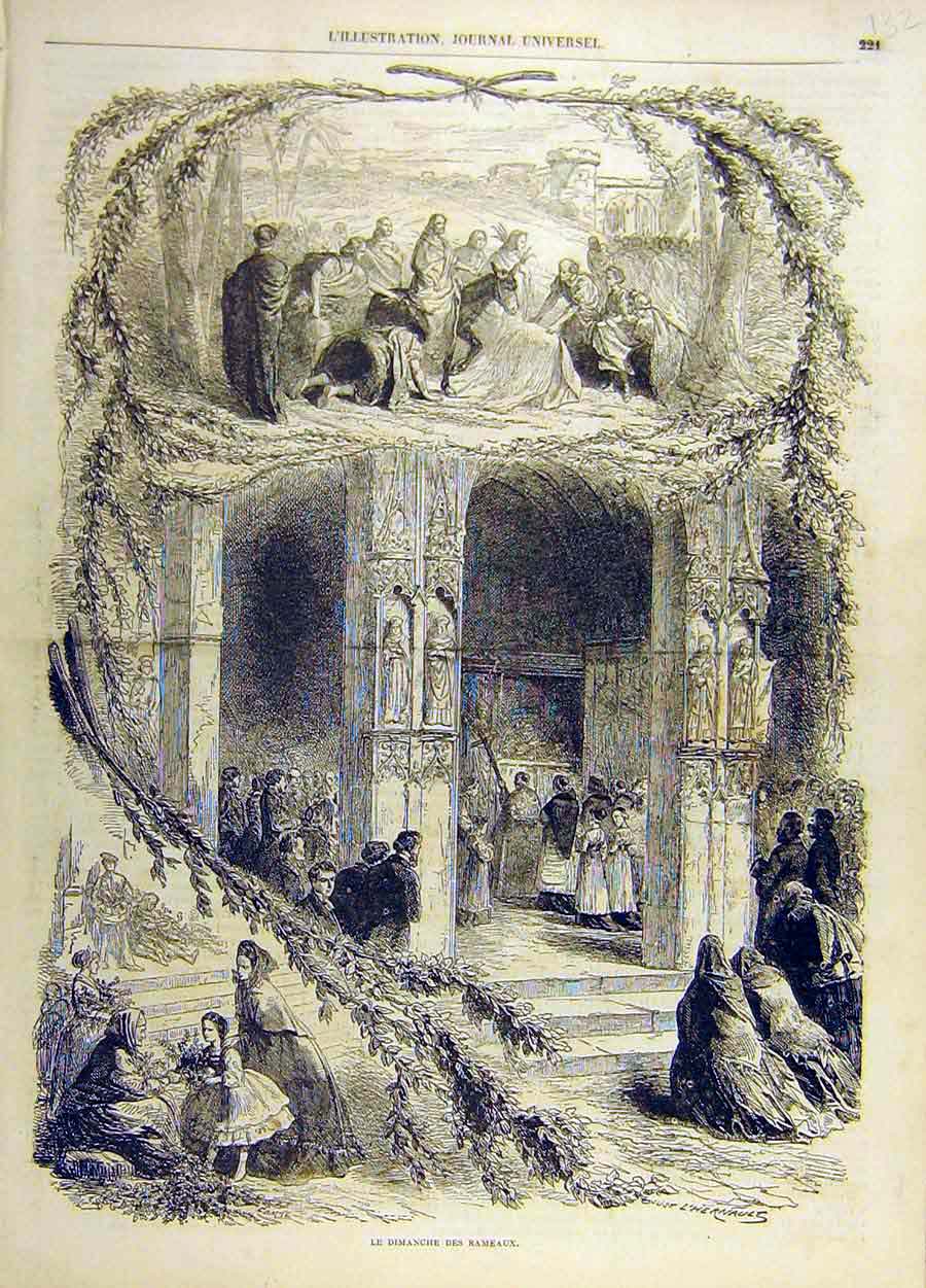 Original Old Antique Print Sunday Rameaux Service Religious French Church