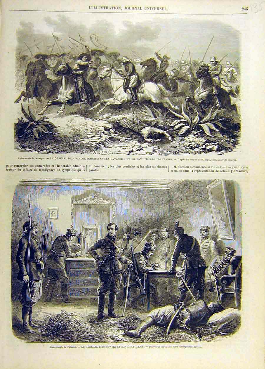 Original Old Antique Print Mirandol Cavalary Los-Llanos Bentkowski Military