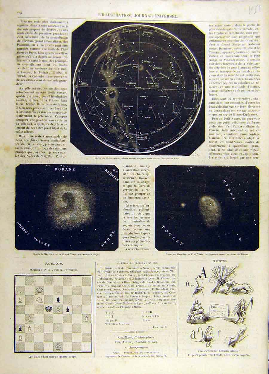 Original Old Antique Print Planets Hemisphere Astrology Magellan Stars