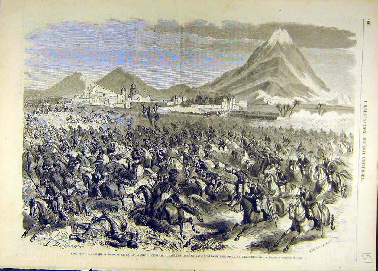 Original Old Antique Print Mexico Expedition Cavalry Alvares San-Andres